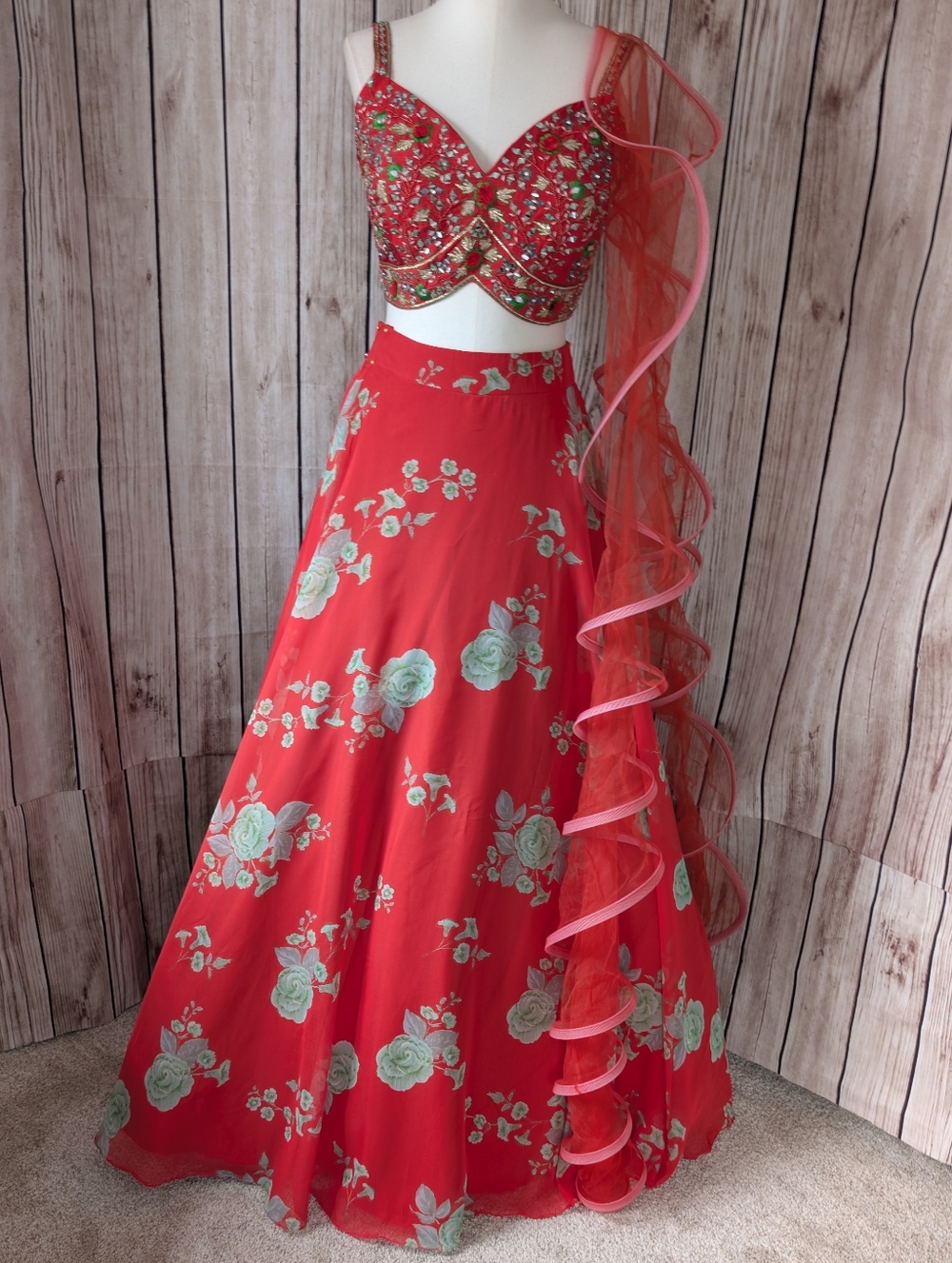 Bright Red Floral Printed lehenga Choli